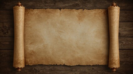 Ancient scroll on weathered parchment with medieval border, set on rustic wood. Dramatic lighting, aged textures, warm tones, fantasy vibe. Perfect for historical or RPG-themed content