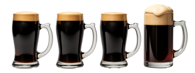 A set  four glasses  dark beer with a light brown foam on top.