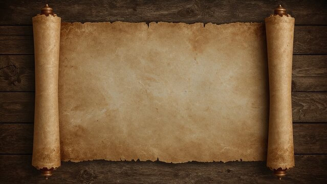 Ancient scroll on weathered parchment with medieval border, set on rustic wood. Dramatic lighting, aged textures, warm tones, fantasy vibe. Perfect for historical or RPG-themed content