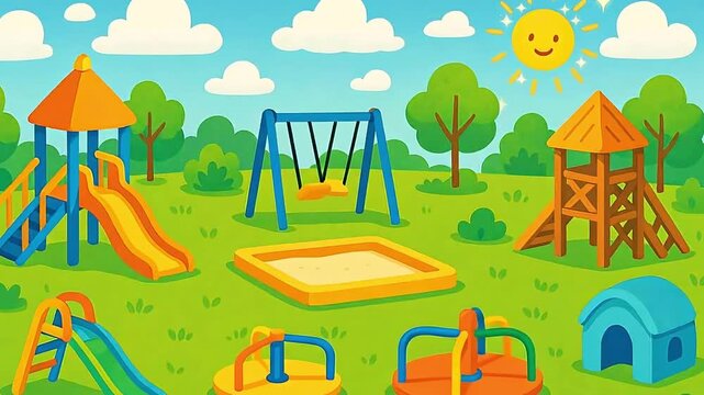 Children's Playground Scene with Slide and Swings in Sunny Park. Kids Outdoor Activity and Childhood Fun Vector Illustration.