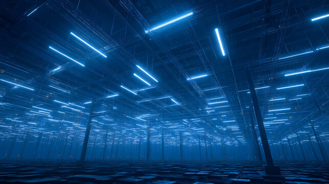 A drone swarm coordinating inventory count with synchronized projections of item IDs and reorder statuses. Warehouse ceiling with grid lines and ambient blue light.