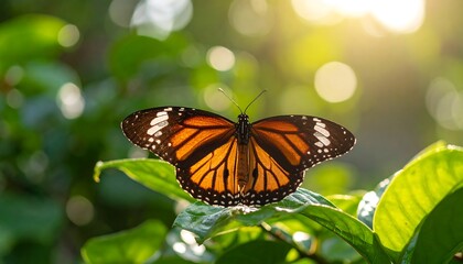 Naklejka premium Butterfly on a leaf bathed in sunlight