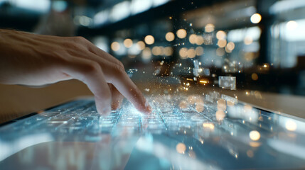 A businessman typing on an invisible virtual keyboard with floating holographic screens in a busy airport lounge.