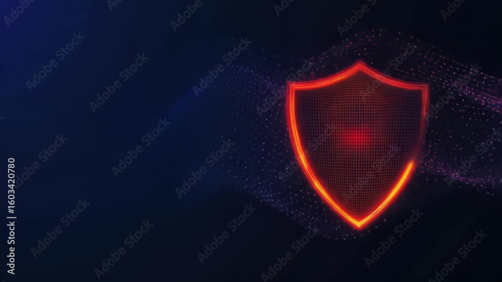 Poster glowing red shield graphic with a grid pattern on a dark blue background with digital particle effec