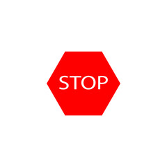 Stop sign alert. Red hexagon shape. White text detail. Vector traffic symbol.