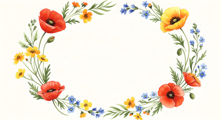 Obraz premium Watercolor Wildflower Oval Wreath with Poppies, Yellow and Blue Meadow Flowers