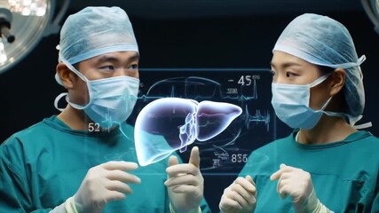 Surgeons analyzing a 3D holographic liver using augmented reality. - Powered by Adobe