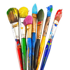 Obraz premium A cluster of colorful paintbrushes, various shapes and sizes, with visible paint residue