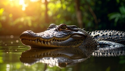 Obraz premium Crocodile in shallow water, sunlit jungle background