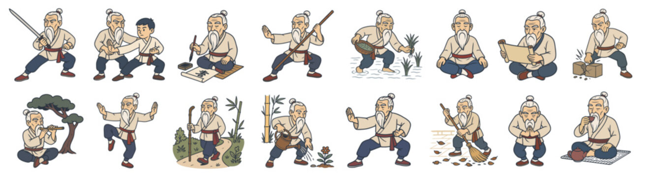 Cartoon Martial Arts Master Character Set Performing Various Activities in Traditional Asian Style. The Kung Fu Teacher.