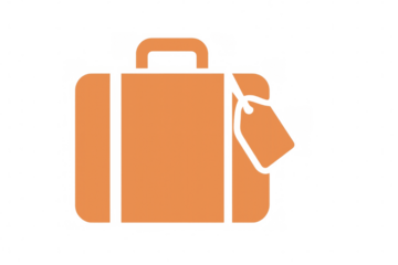 Vibrant orange suitcase bearing travel label, symbolizing journey, floating against transparent backdrop