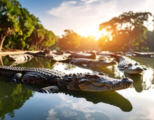 Fototapeta premium Crocodiles basking in a sunlit pond
