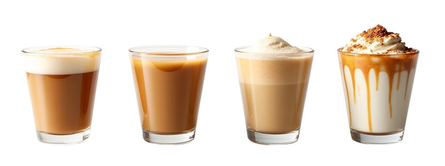 Three glasses  iced cfee with whipped cream on top.