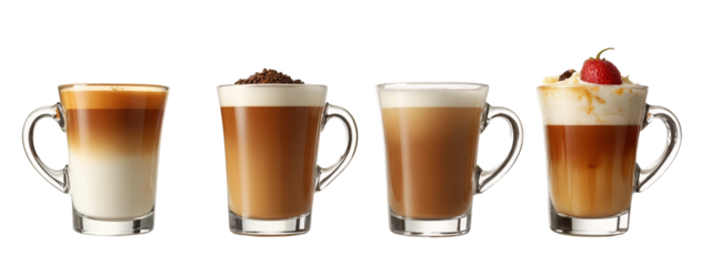 Three glasses  cfee with whipped cream and a strawberry on top.