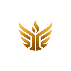 Golden stylized wings with a central flame, forming a symmetrical, abstract emblem or logo design.