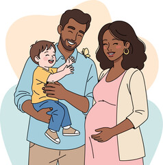 Happy family portrait featuring a pregnant woman, a man holding a young child, and a butterfly, all smiling with joy.