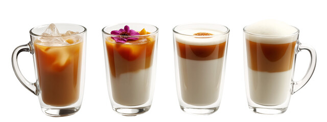 Three glasses  iced cfee are lined up in a row.