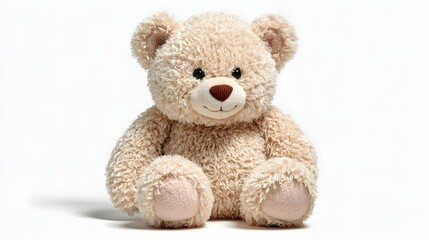 Obraz premium Beige teddy bear sits on a plain white background.