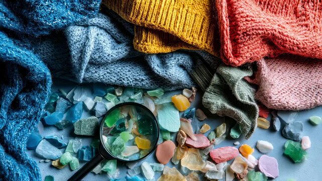 Artistic flat lay of assorted clothing items alongside a magnified view of microplastic fibers. This composition draws attention to the hidden environmental costs of fashion encouraging