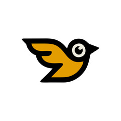 Stylized illustration of a bird in flight, featuring black outlines and a yellow body.