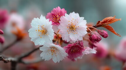 Close-up of delicate spring blossoms with water droplets.