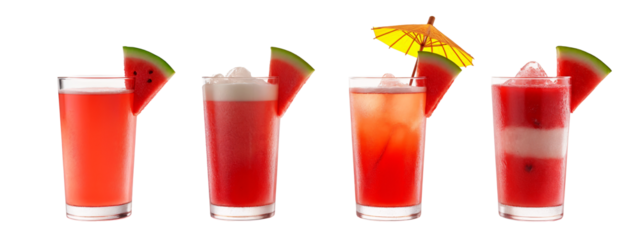 Three glasses  watermelon juice with ice cubes and a slice  a watermelon on the rim.