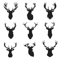 vector illustration of buck skull silhouette set, Black & White silhouette set