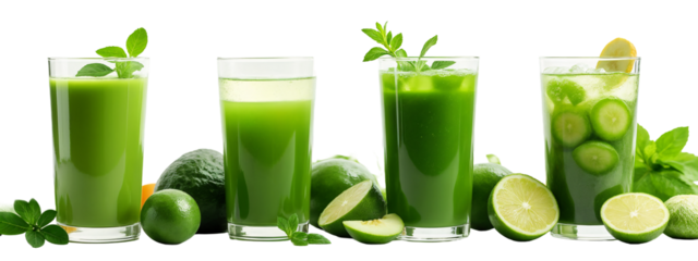 A   four glasses filled with green juice next to limes and cucumbers.