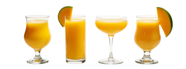 Three glasses  orange juice with a slice  melon sticking out  them.