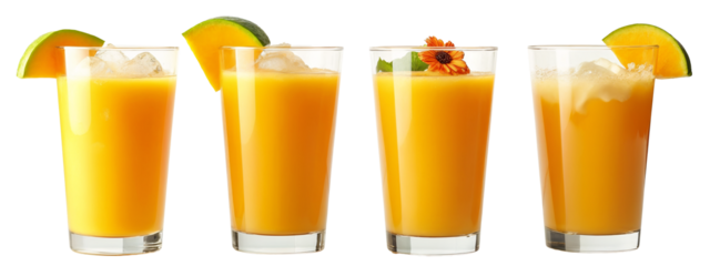 Three glasses  orange juice with ice and a slice  lime on top.
