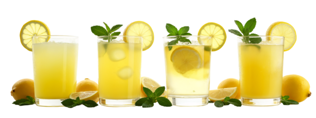 A   four glasses filled with lemonade next to sliced lemons.