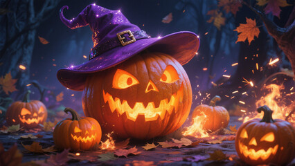 Naklejka premium A vibrant Halloween scene featuring a large, carved jack-o'-lantern with glowing orange eyes and an eerie grin. Halloween, Halloween Costumes, Halloween Background, Happy Halloween