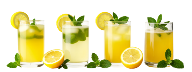 A   four glasses filled with lemonade and mint leaves.