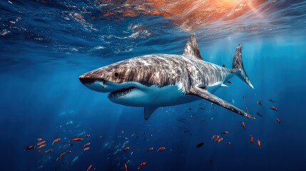 Fototapeta premium Great white shark in sunlit ocean