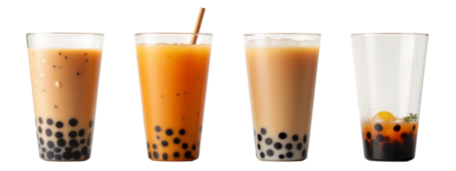 Three different views  a bubble tea drink in a glass with a straw.