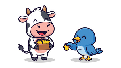 Charming Cartoon Cow Offering Corn to Bluebird Friend Whimsical Vector Illustration