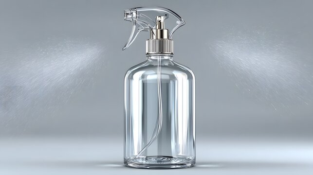 Transparent spray bottle with mist spray.