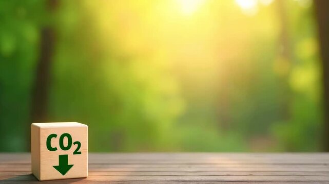 Wooden block with CO2 down arrow symbol in natural setting, sunlight filtering through trees