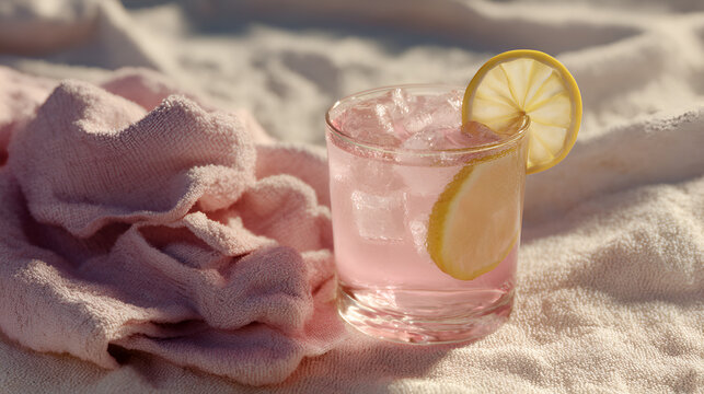 Refreshing pink lemonade with lemon slices, on a sunny blanket with a towel nearby.