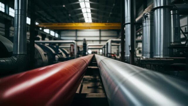 Perspective shot of parallel red and silver pipes disappearing into the distance inside an industrial facility.