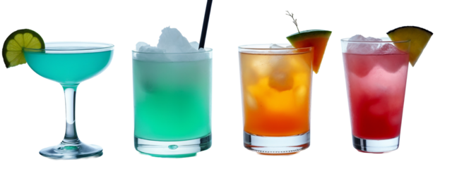 Three different colored drinks are lined up next to each other.