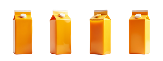 A row  four orange juice cartons with a white cap on top.