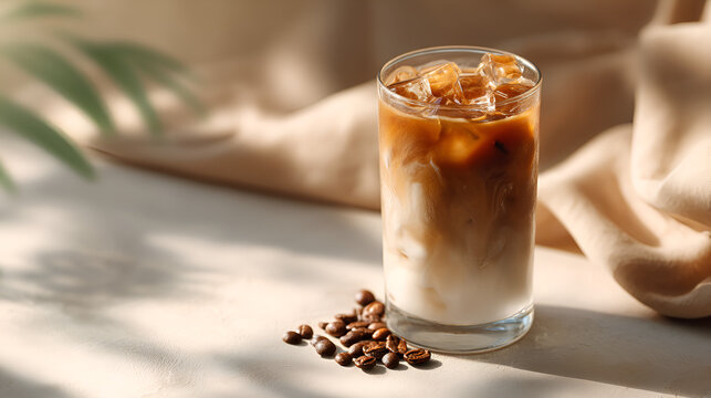 Iced coffee beverage with coffee beans and elegant neutral background for a refreshing and sophisticated look. - Powered by Adobe