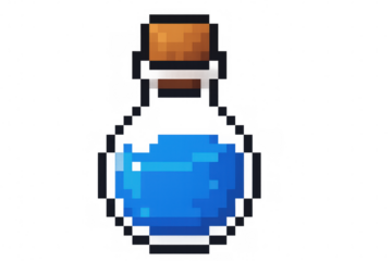 Pixel art glass bottle with cork, blue liquid inside, suitable for retro gaming graphics, transparent backdrop