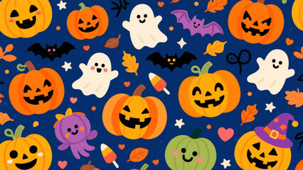 Obraz premium A vibrant and spooky Halloween-themed pattern featuring a lively mix of carved pumpkins with expressive faces, playful ghosts in various colors and shapes, and whimsical bats fluttering around. 