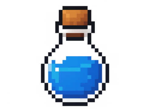 Pixel art glass bottle with cork, blue liquid inside, suitable for retro gaming graphics, transparent backdrop