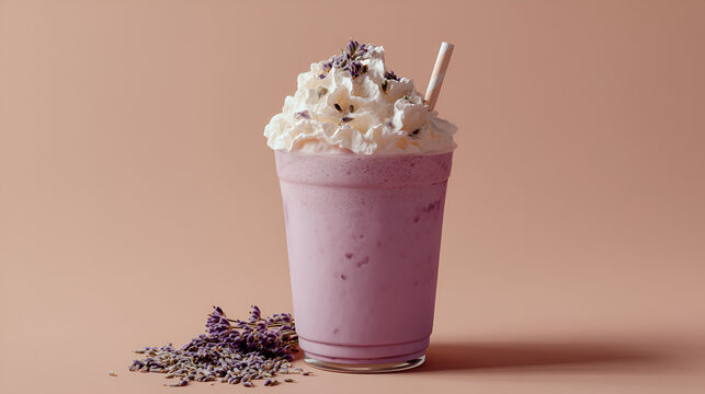 Elegant lavender milkshake topped with whipped cream and lavender buds, presented on a soft pink backdrop