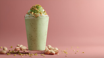 Pistachio Delight: Creamy green shake topped with whipped cream and nuts on a pink backdrop. Yum!