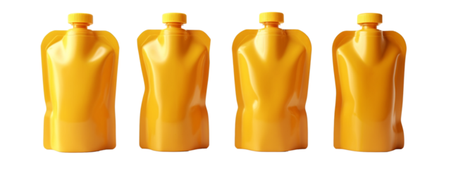 A set  four yellow plastic bottles with a yellow cap.