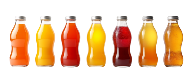 A row  six different colored soda bottles lined up in a row.